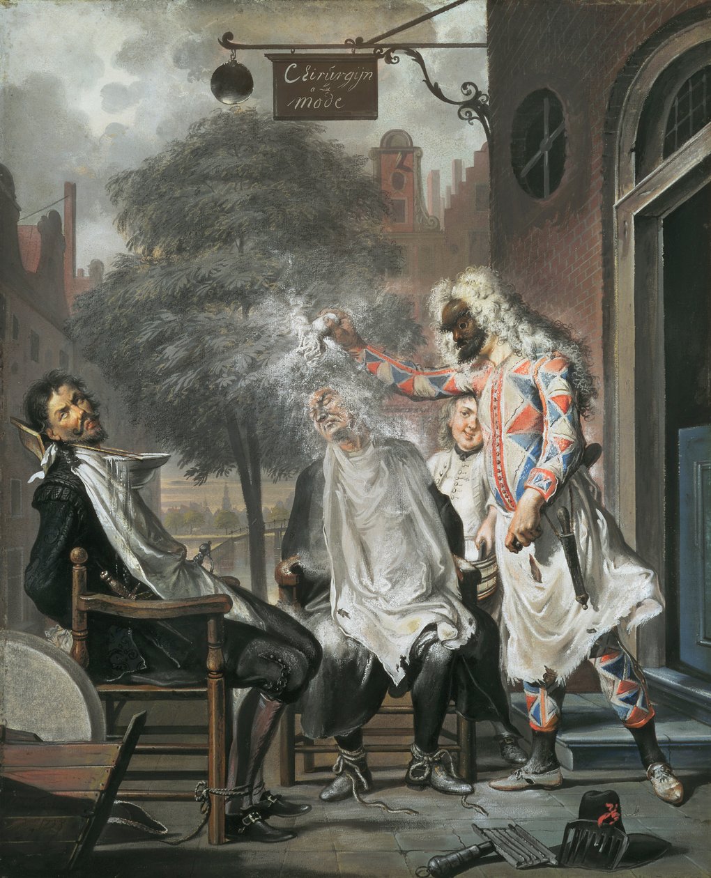 Harlekýn, kouzelník a holič: Rivalové odhaleni, 1738 od Cornelis Troost