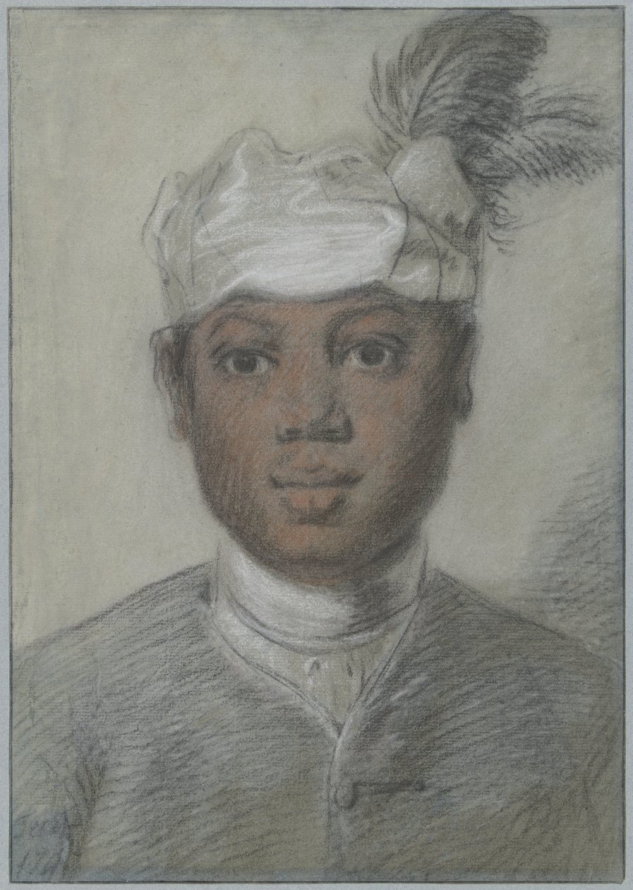 Hlava černého mladého muže v turbanu s peřím od Cornelis Troost