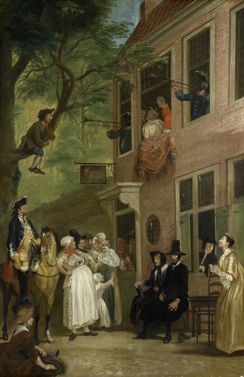 Oklamán: Velvyslanec darebáků se odhaluje z okna "t Bokki Tavern v Haarlemmerhout, kolem roku 1739" od Cornelis Troost