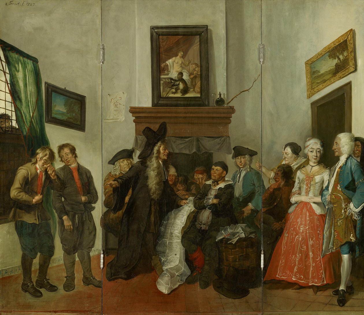 Triptych zobrazující selský soud z komedie „Beslikte Swaantje“ od Cornelis Troost