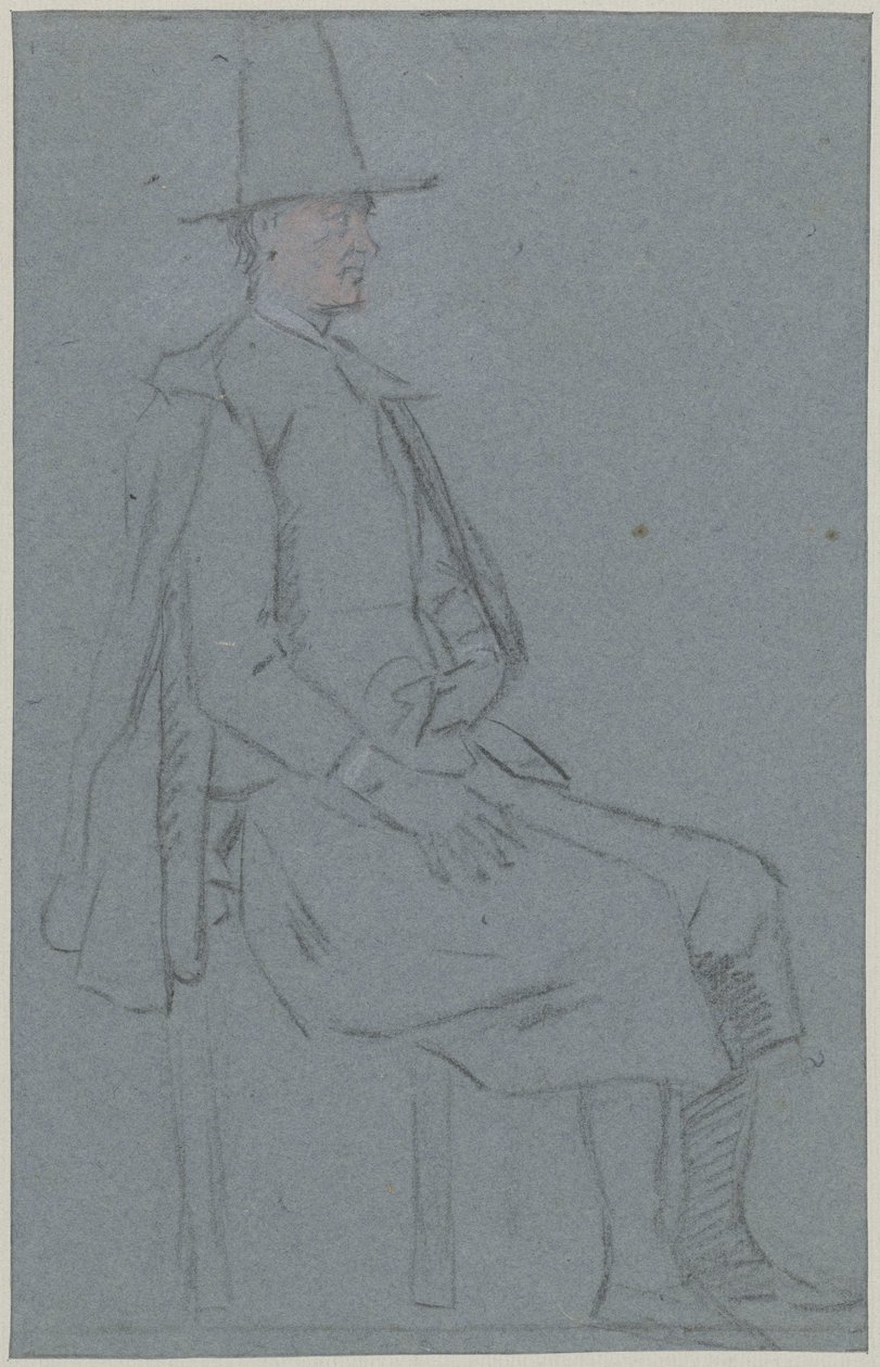 Kvákání vsedě, profil vpravo, jedna ruka na stehně od Cornelis Troost