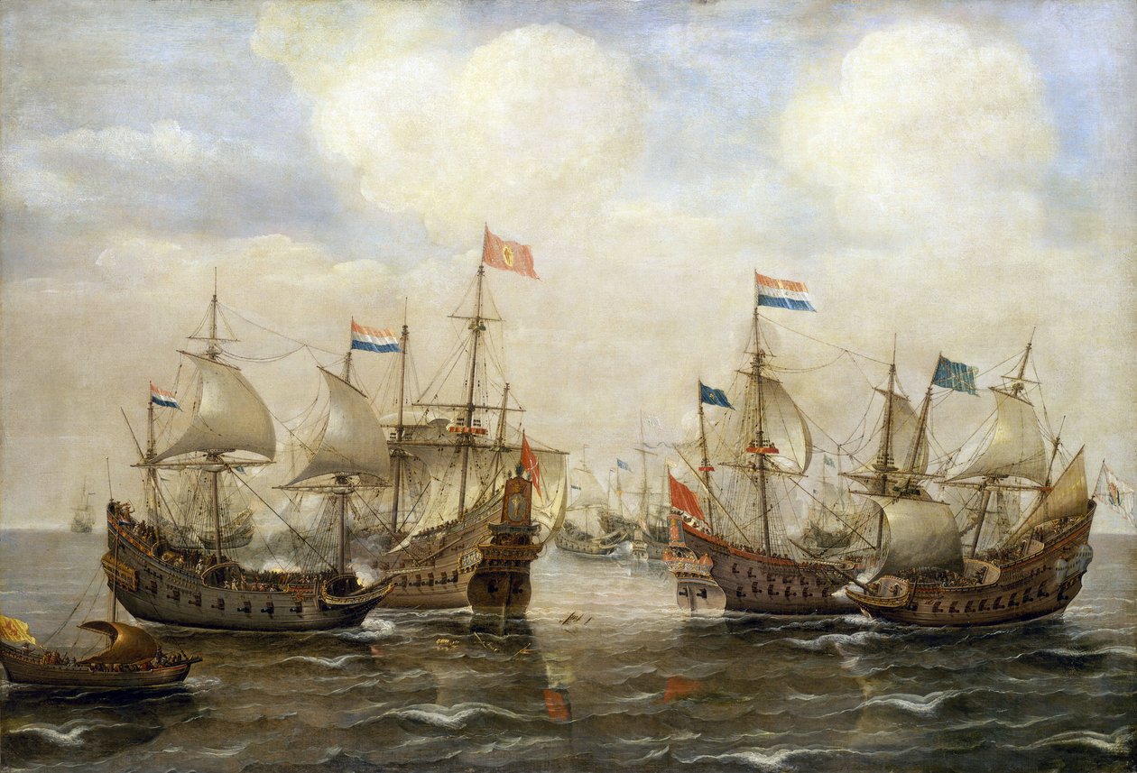 Střet mezi Španěly a Nizozemci kolem roku 1630, každá loď má svou vlajku, vlevo loď nese vlajku nizozemského generálního státu. od Cornelis Verbeeck