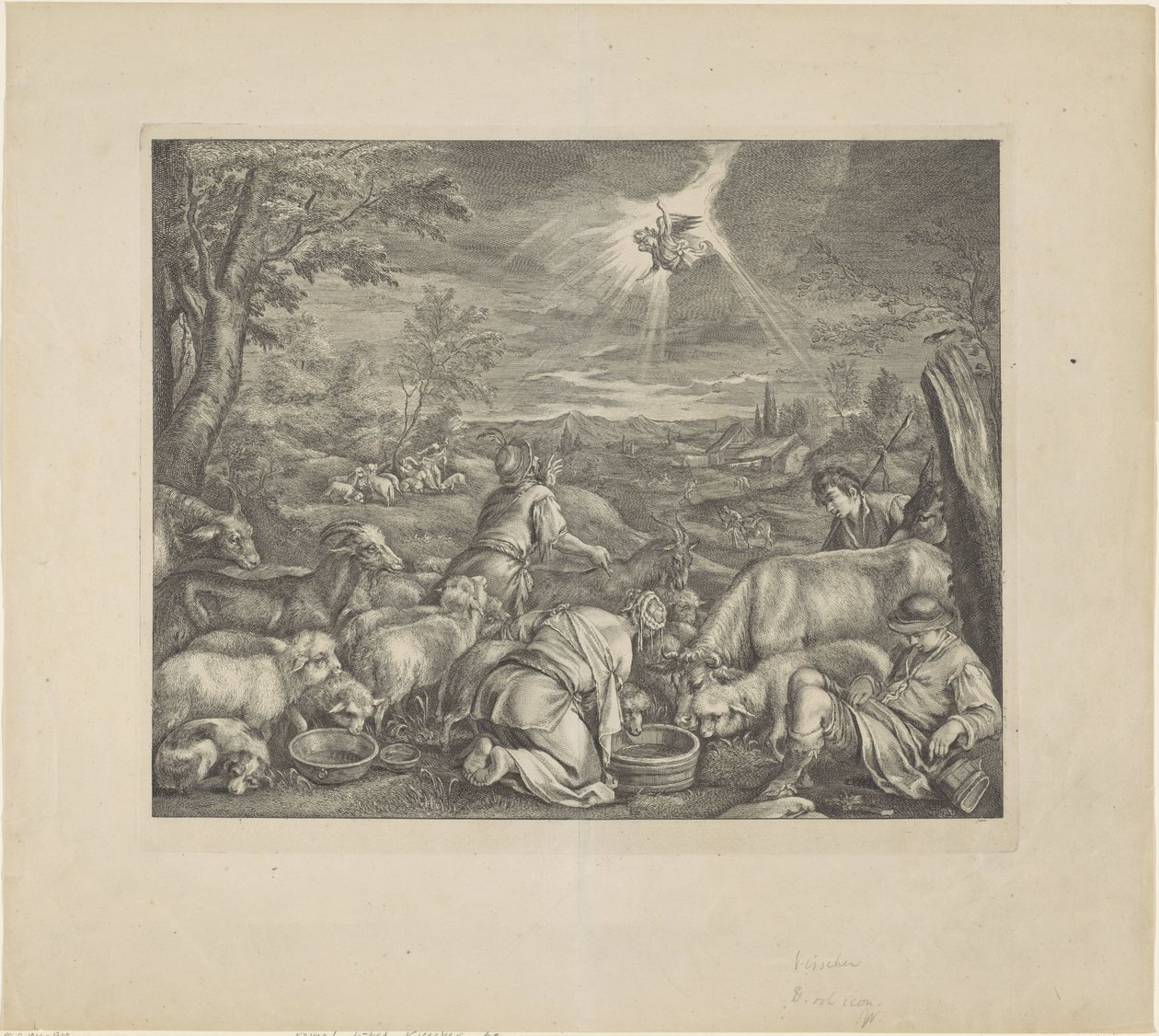 Abraham odchází do Sichemu / Zvěstování pastýřům Královská Bible (název série) od Cornelis Visscher (II)