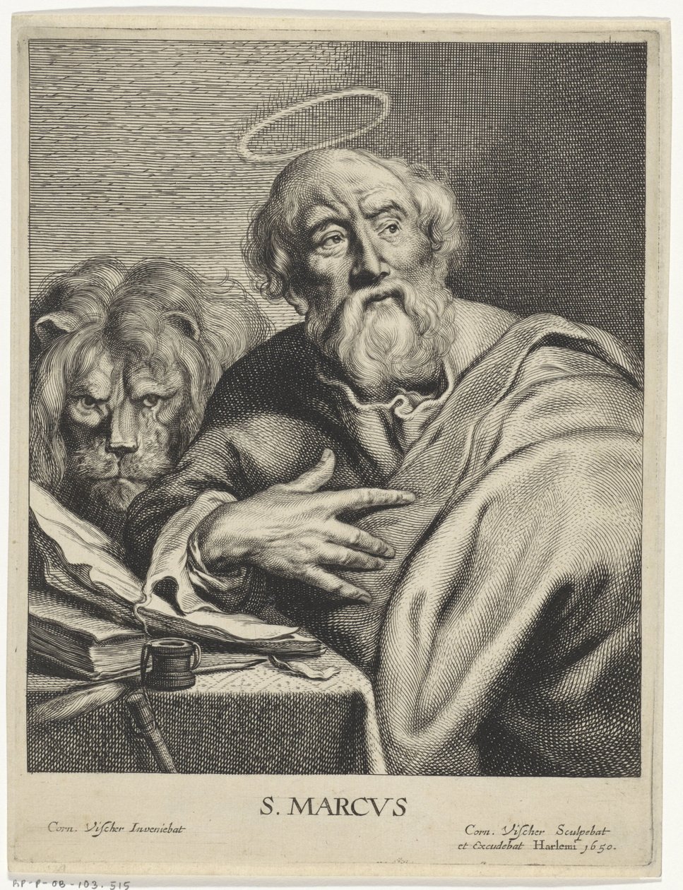 Evangelista Marek se lvem S. MARCVS (název na objektu) Čtyři evangelisté (název série) od Cornelis Visscher (II)