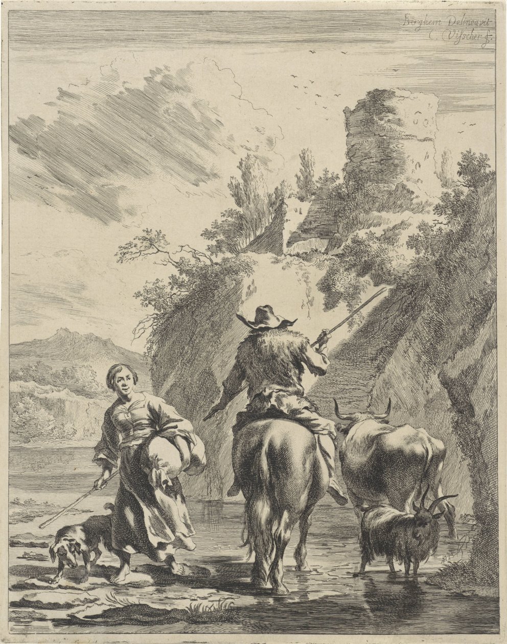 Pastýř a pastýřka na pevnosti Zvlněné krajiny (název série) od Cornelis Visscher (II)