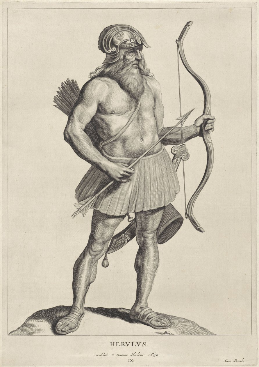 Herulský Herulus (titul na předmětu) Oude hier woonachtige volken (název série) Peplus neboli Gótové, Vandalové, Švábové, Herulové, Gepidové, Markomani a starověký čtyřnásobek Obrazy z antických památek a muzea Marca Zueria Boxhornius (seriál sýkorka od Cornelis Visscher (II)