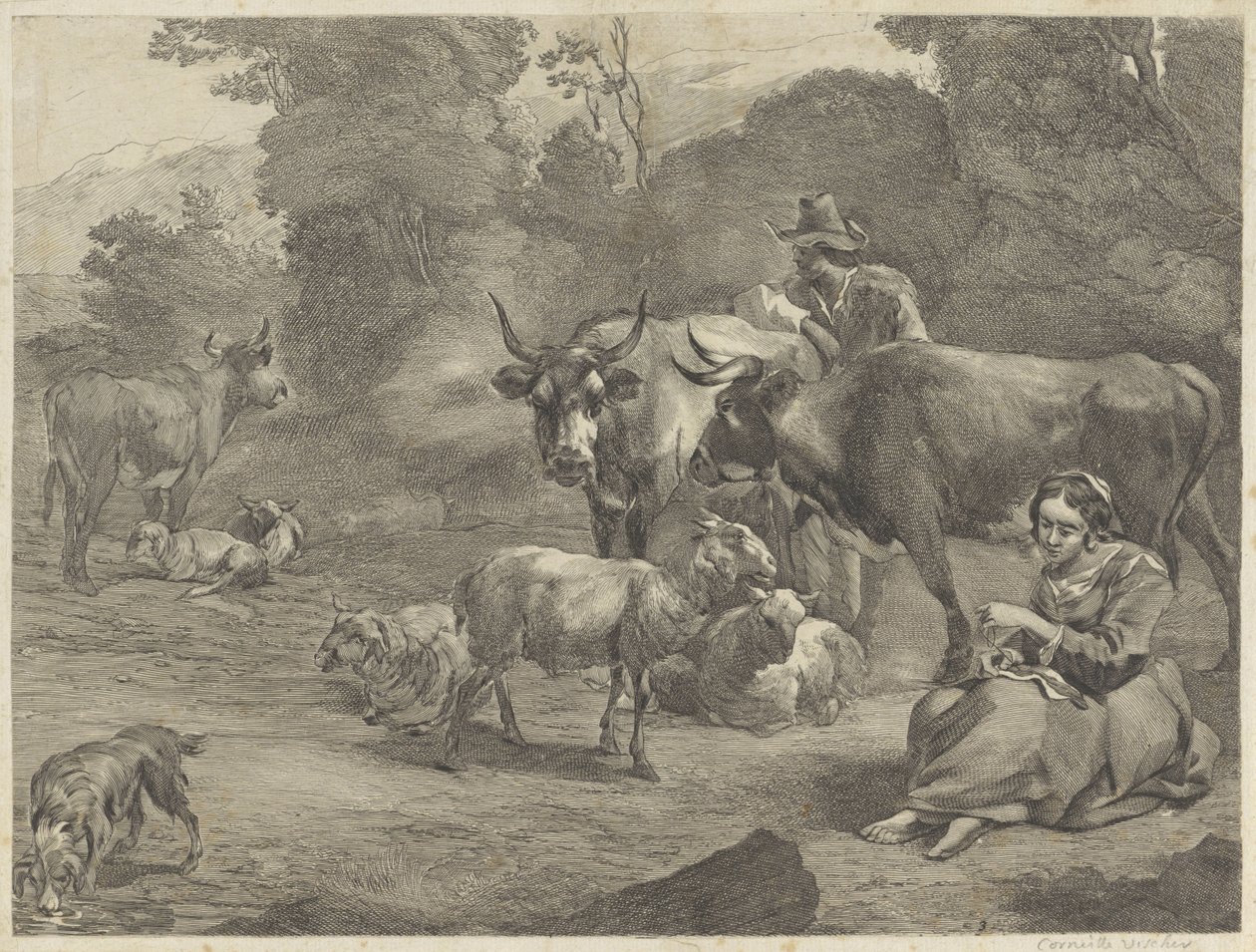 Krajina s pastýřem a šijící pastýřkou od Cornelis Visscher (II)