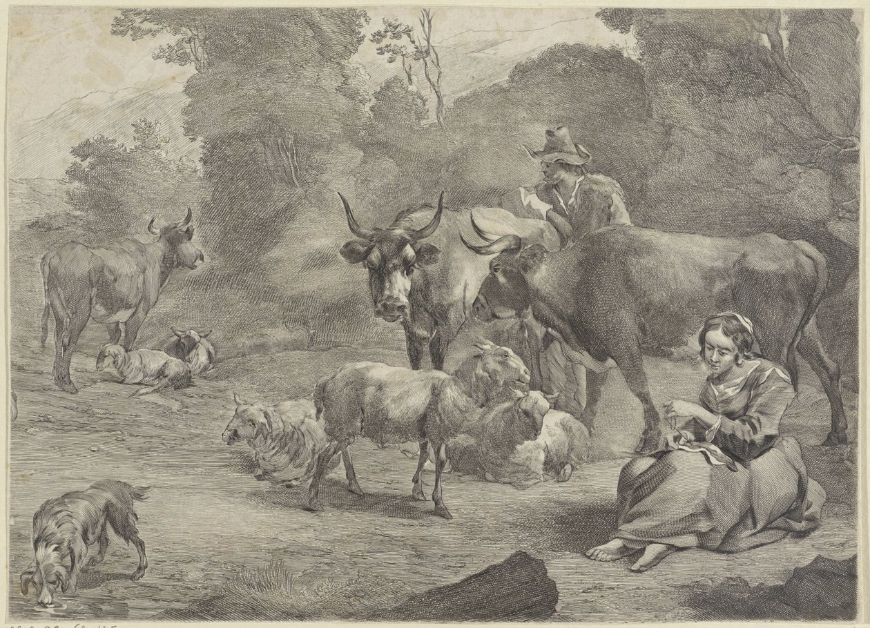 Krajina s pastýřem a šijící pastýřkou od Cornelis Visscher (II)