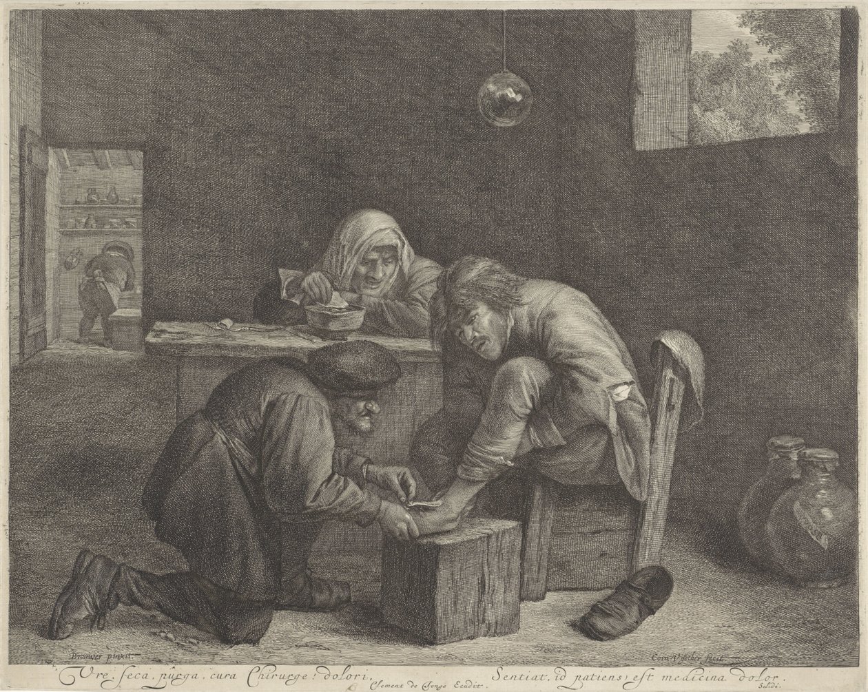 Muž u lékaře Mír, seca, purga, cura Chirurg! dolori (titul na objektu) od Cornelis Visscher (II)