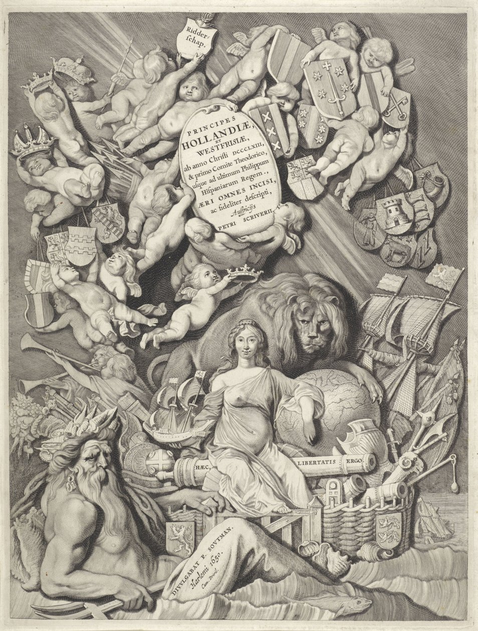 Titulní tisk pro sérii hrabat a hraběnek z Holandska, Zeelandu a Západního Fríska PRINCIPY / HOLLANDIÆ, / ZELANDIÆ ET FRISIÆ, / (...) / PETRI SCRIVERII (název na objektu) Hraběte a hraběnky z Holandska, Zeelandu a Západního Frieslandu (název série) princ od Cornelis Visscher (II)