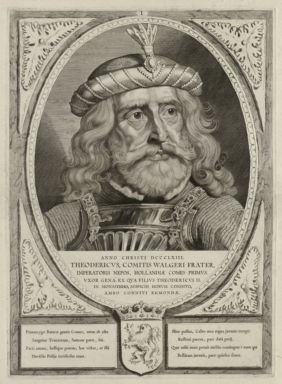 Dirk I., hrabě z Holandska, ve zbroji. Rám je zdoben holandským erbem. NL-HlmNHA 1477 53012894 od Cornelis Visscher