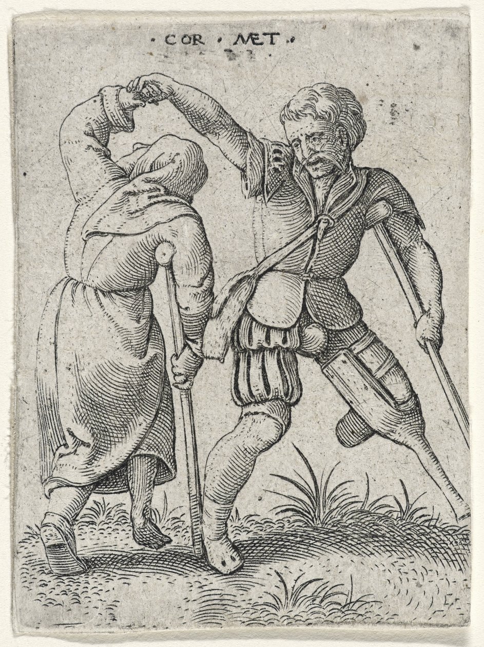 Muž s dřevěnou nohou obracející chromou ženu pod paží, 1572 (rytina na položený papír) od Cornelis after Massys
