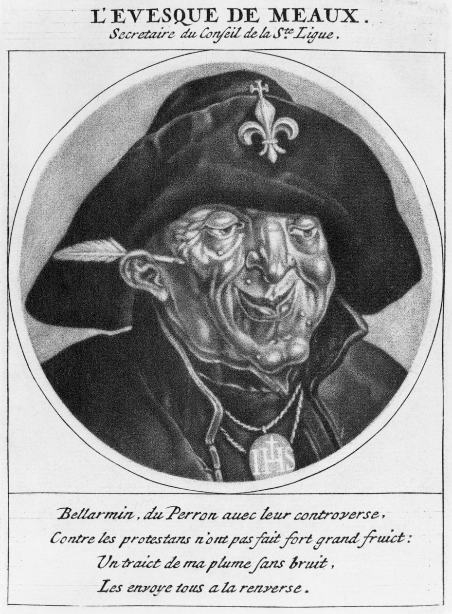 Protestantská karikatura Bossueta, biskupa z Meaux, ilustrace z knihy Les Heros de La Ligue ou La Procession monacale, conduite par Louis XIV, pour la conversion des protestants de son royaume, Paříž, od Cornelis and Gole, Jacob Dusart
