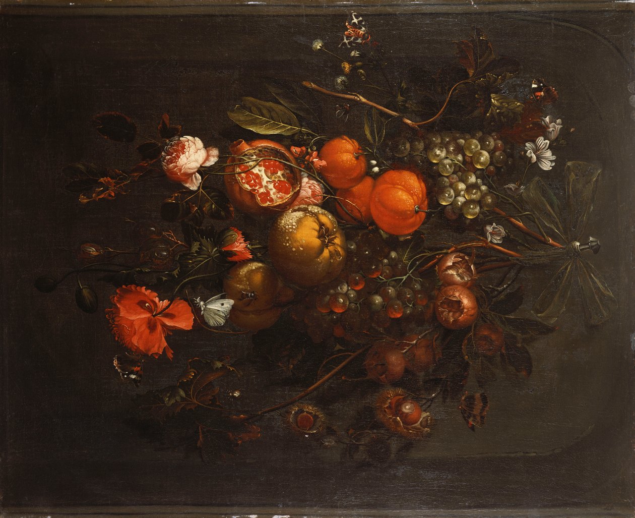 Kytice ovoce a květin visící z hřebíku ve výklenku od Cornelis de Heem