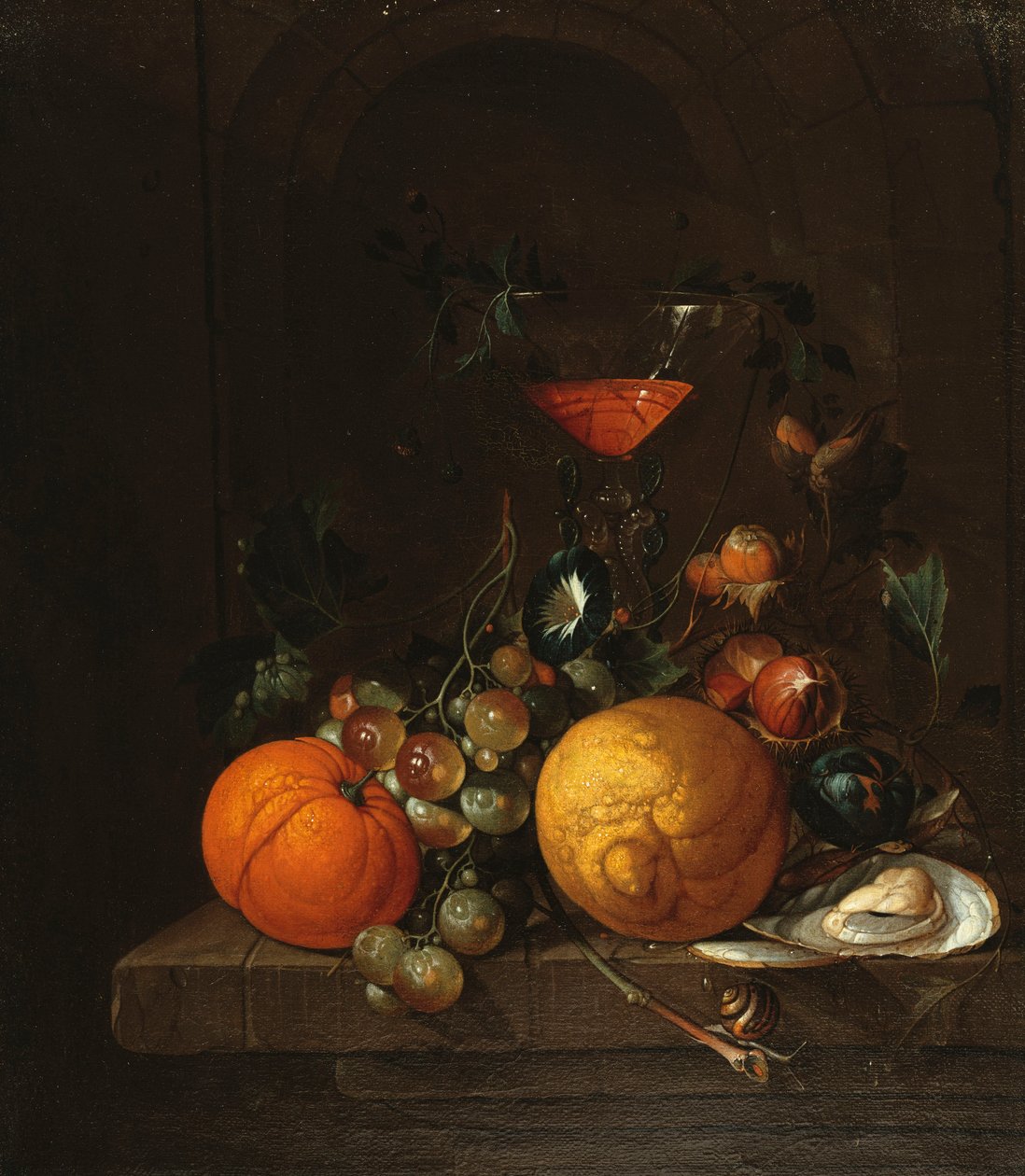 Citron, pomeranč, hrozny, ústřice a sklenka vína na římse od Cornelis de Heem