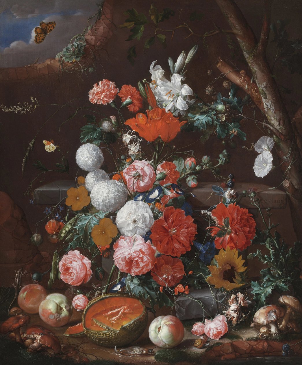 Zátiší s květinami a ovocem naaranžovanými na kamenném podstavci v zahradě od Cornelis de Heem