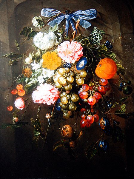 Zátiší z květin a ovoce svázané modrou mašlí od Cornelis de Heem