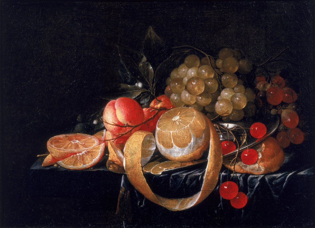 Zátiší s citronem, hrozny, třešněmi a meruňkami na cínovém talíři od Cornelis de Heem