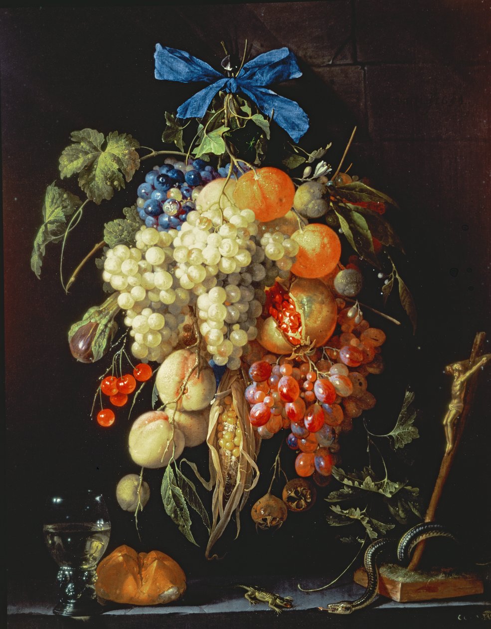 Kytice ovoce s eucharistickými symboly na římse dole od Cornelis de Heem
