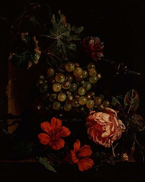 Hrozny a květiny s broukem, šnekem a ještěrkou od Cornelis de Heem