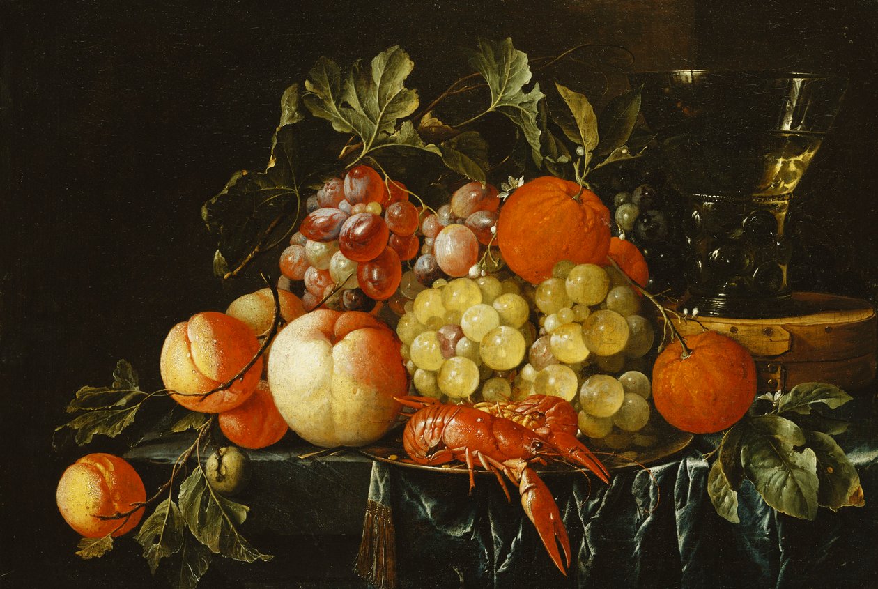 Broskve, pomeranče, hrozny a langoše na cínovém talíři a kuželovitý Roemer na krabici na částečně stažené římse, od Cornelis de Heem