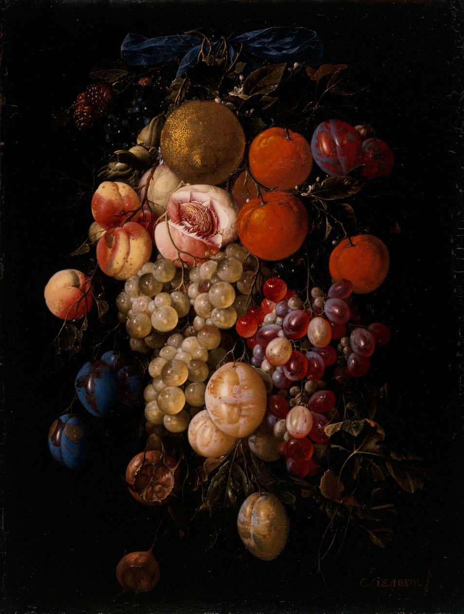 Zátiší z hroznů, třešní a švestek visící z hřebíku s modrou stuhou od Cornelis de Heem