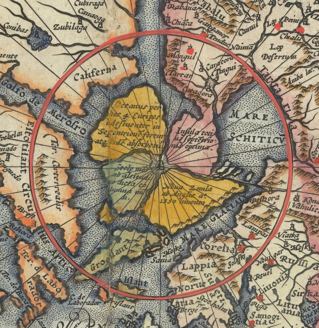 Detail mapy světa - Arktida s magnetickým ostrovem jako severním pólem od Cornelis de Jode