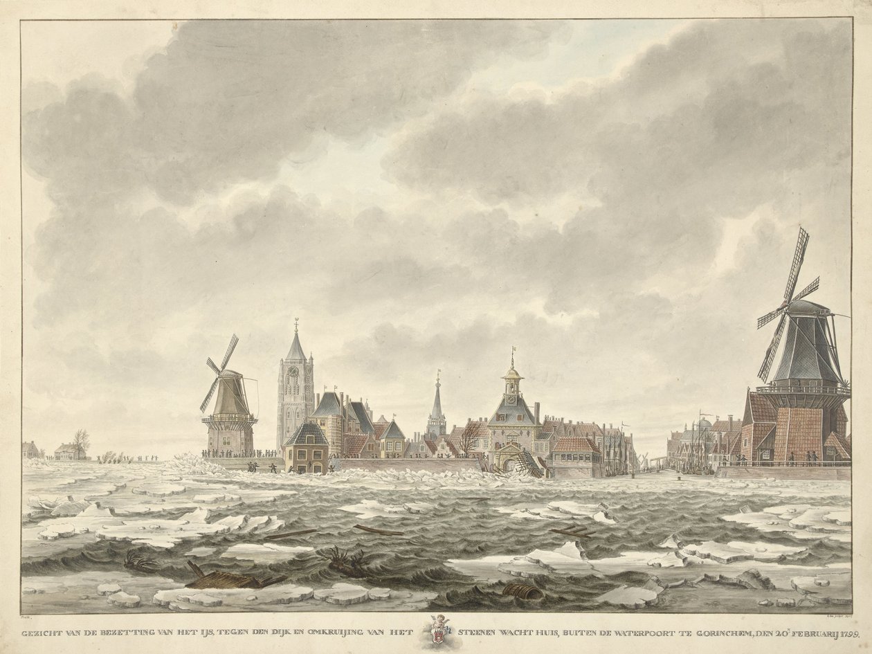 Pohled na obsazení ledu mimo Waterpoort v Gorinchem, 20. února 1799 od Cornelis de Jonker
