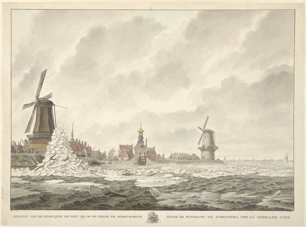 Pohled na srpek ledu, na a proti parapetu za Runmolen v Gorinchem, 20. února 1799 od Cornelis de Jonker