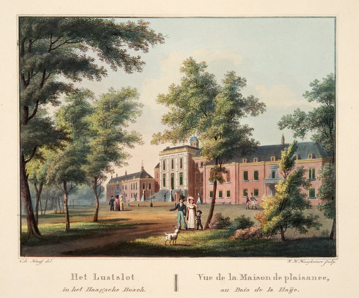 Lustslot v Haagsche Bosch. Vue de la Maison de plaisance, au Bois de la Haije, 1825 (ručně kolorovaná rytina) od Cornelis de Kruyff