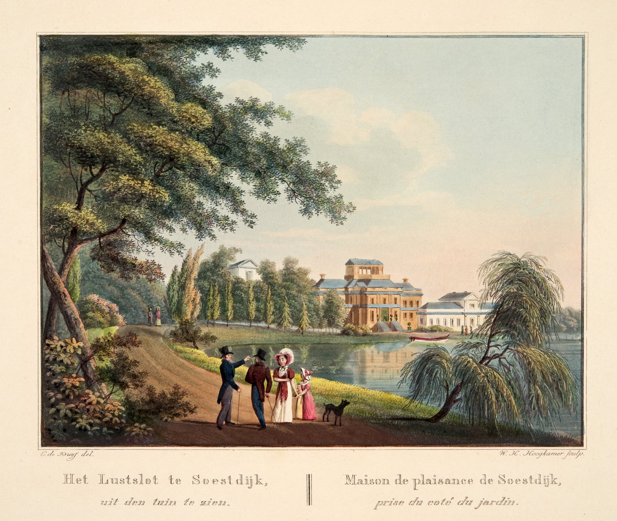 Lustslot v Soestdijku, při pohledu ze zahrady. Maison de plaisance de Soestdijk prize du coté du jardin, 1825 (ručně kolorovaná rytina) od Cornelis de Kruyff