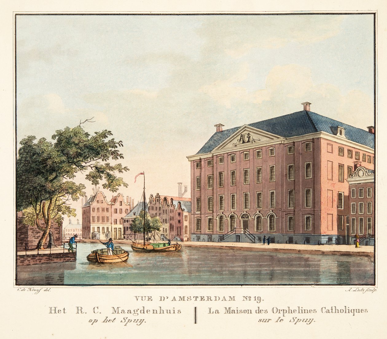 Pohled na Amsterdam č.19. Het R.C. Maagdenhuis op het Spuij. Dům katolických sirotků na Spuij, 1825 (ručně kolorovaná rytina) od Cornelis de Kruyff