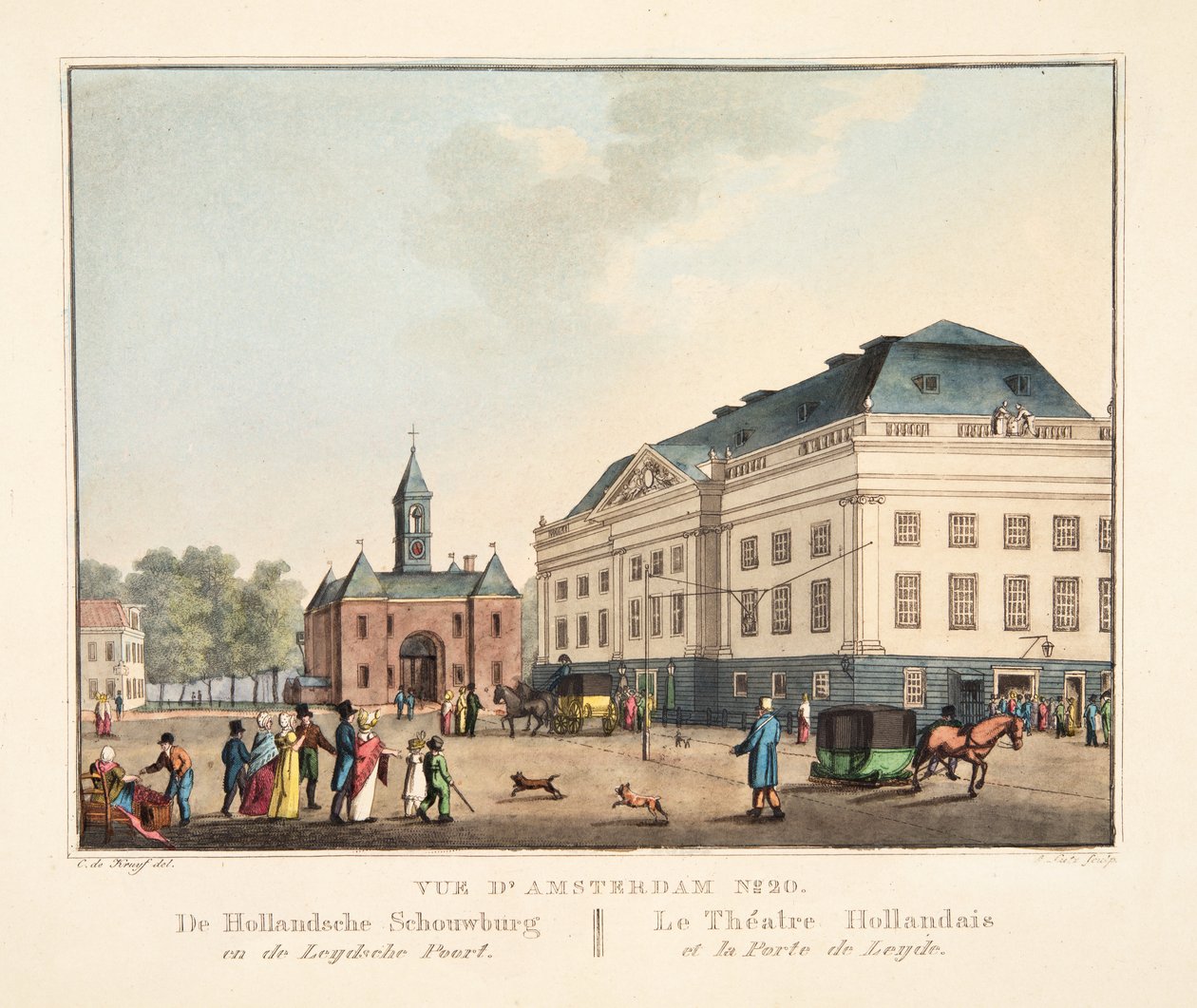 Pohled na Amsterdam č. 20. De Hollandsche Schouwburg en de Leydsche Poort. Nizozemské divadlo a přístav Leyden, 1825 (ručně kolorovaná rytina) od Cornelis de Kruyff
