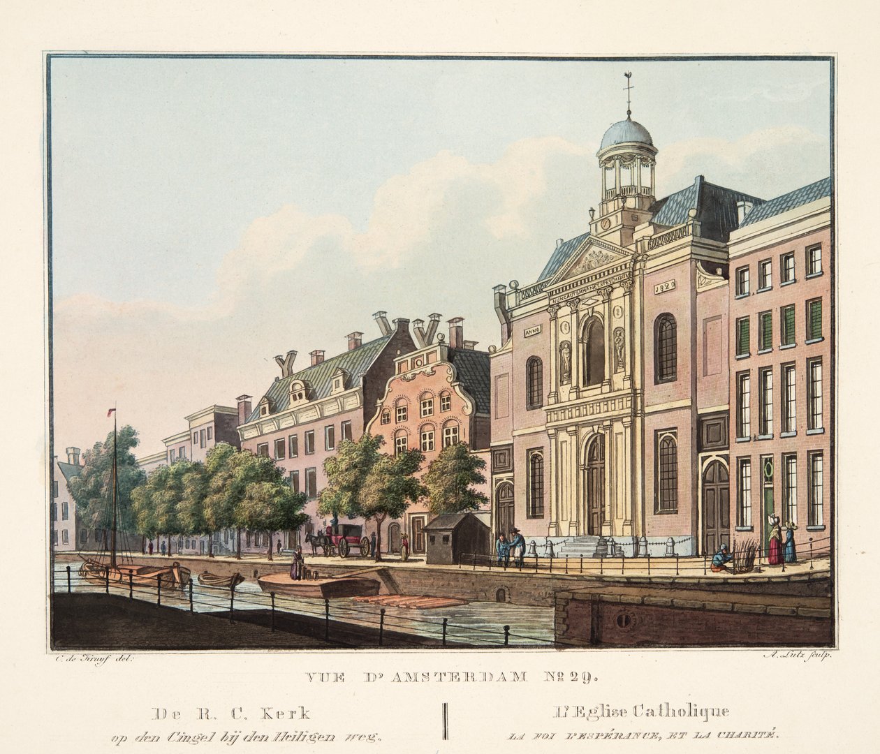 Pohled na Amsterdam č.29. Od R.C. Kerk op den Cingel bij den Heiligen weg. The Catholic Church Faith, Hope, and Charity, 1825 (ručně kolorovaná rytina) od Cornelis de Kruyff