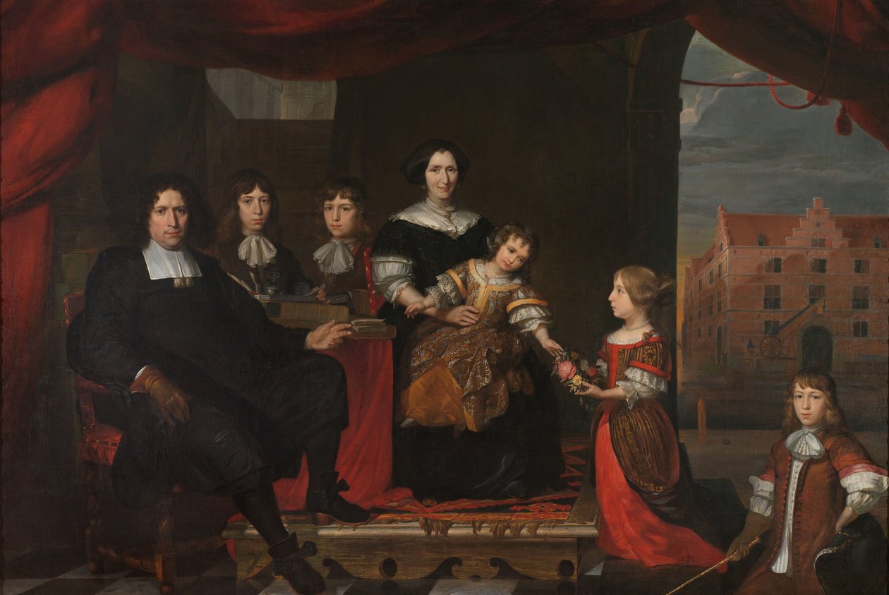 Reyer Reyersz van der Burch (1630-1695), muniční důstojník připojený k arzenálu generálního státu Delft se svou manželkou Geertruid Graswinckel a jejich dětmi Frank, Cornelis, Reyer, Maria a Alida od Cornelis de Man (attributed to)