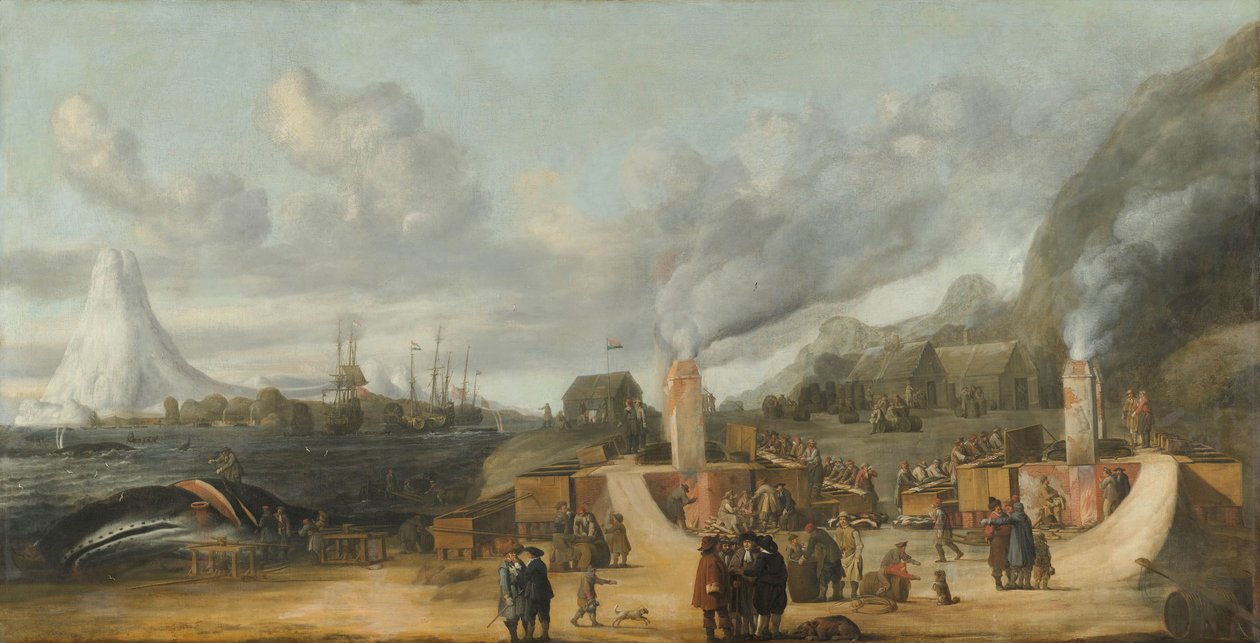 Rafinérie velrybího oleje poblíž vesnice Smerenburg Továrna na velrybí olej severské nebo grónské společnosti na ostrově Amsterdam na severním konci Spitzbergen (Svalbard) od Cornelis de Man