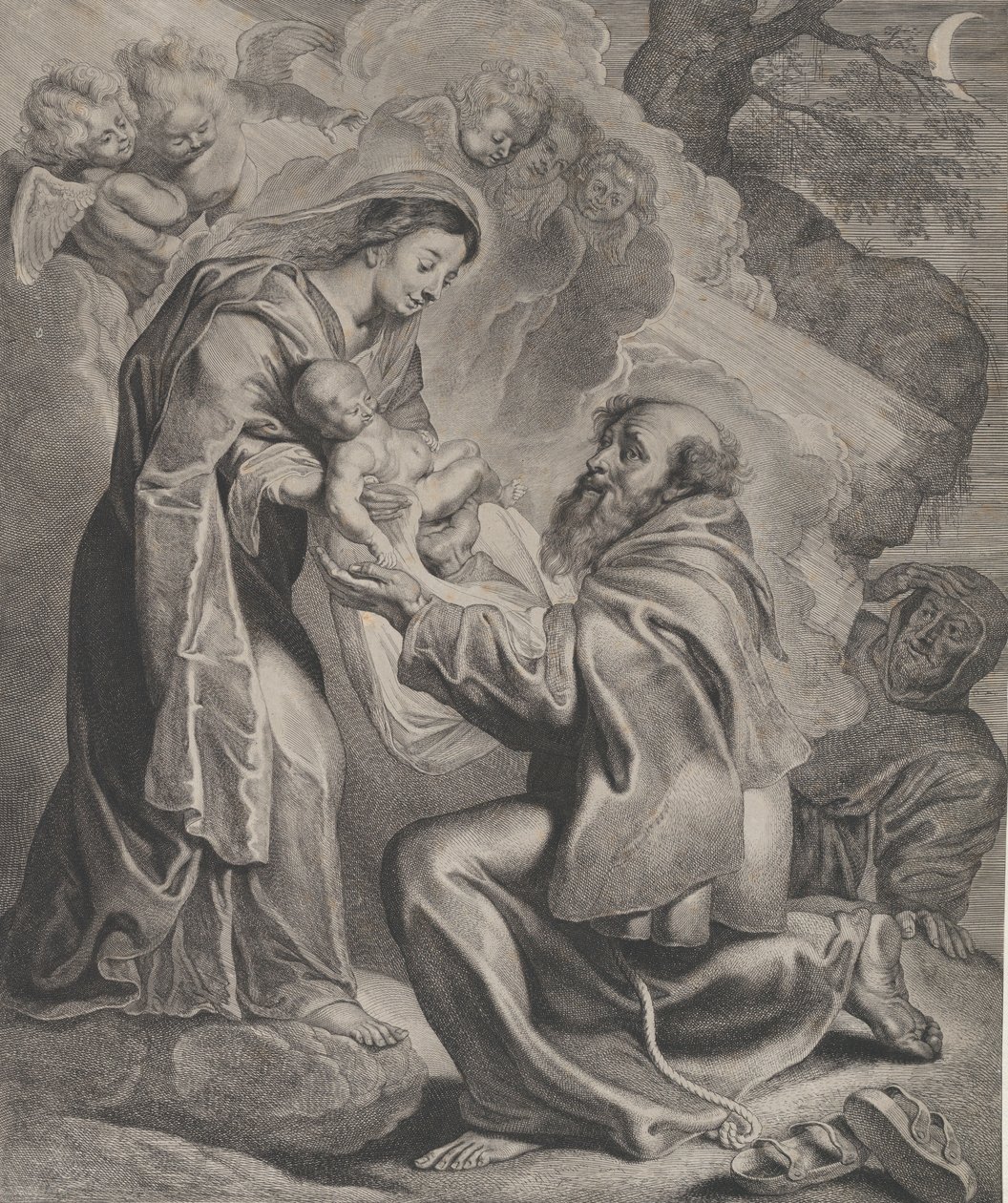 Vidění svatého Františka, klečícího vpravo, přijímajícího dítě Krista od Panny..., 1650. od Cornelis de Visscher