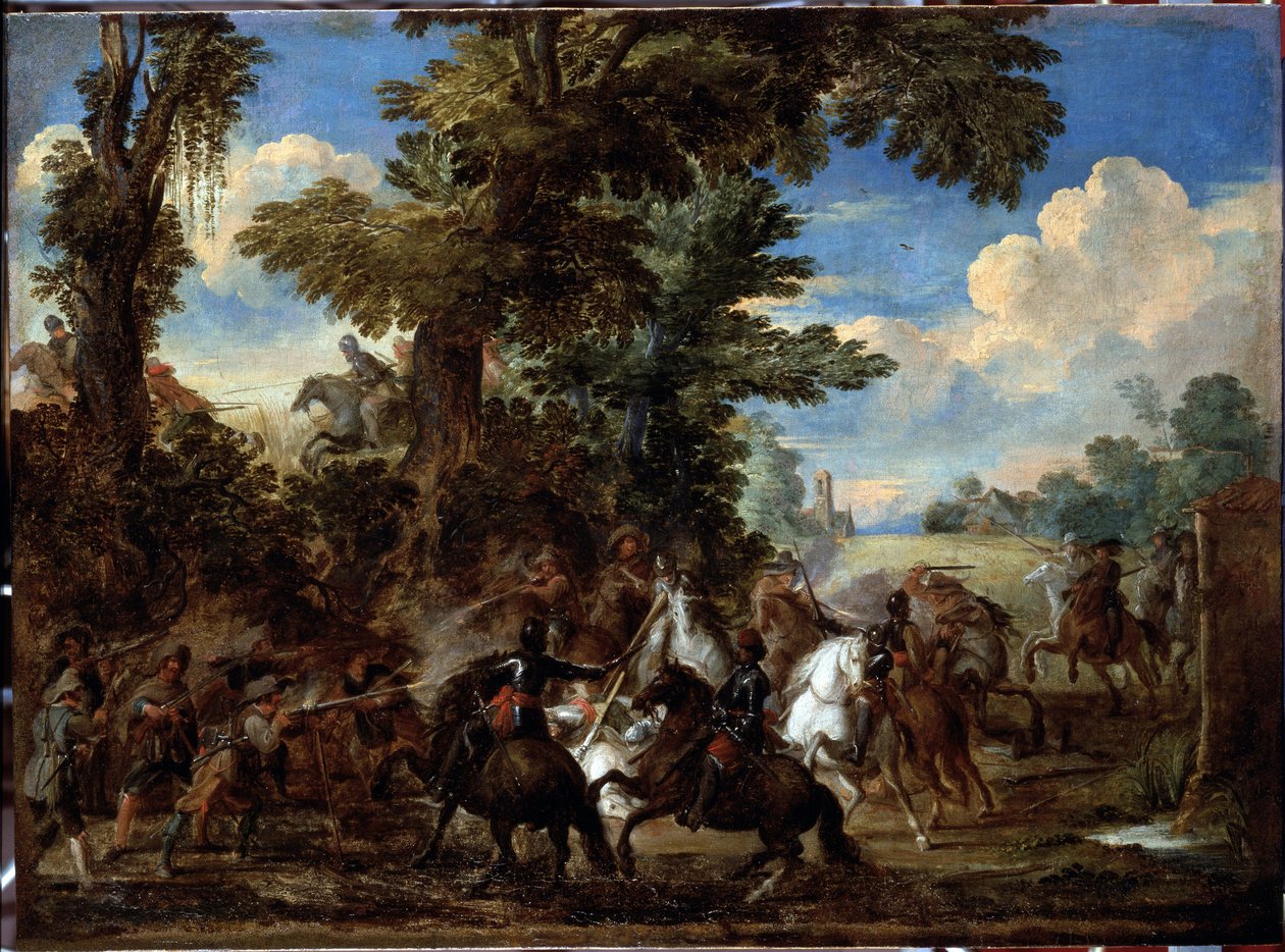 Bitevní scéna (Bojová scéna) Obraz od Cornelis De Wael (1592-1667) (ec flam) Rozměr 75x100 cm Genes, Musei di Strada Nuova (dříve Palazzo Bianco) od Cornelis de Wael