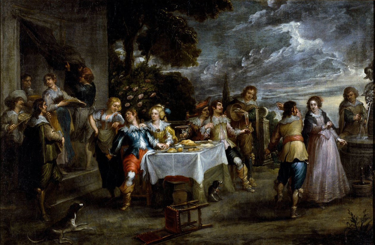 Historie marnotratného syna: disipace. Obraz Cornelis De Wael (1592-1667), cca 1630-1639. vlámské umění. Olej na plátně. Rozměr: 57 x 86 cm. Genes, Privee Collection. od Cornelis de Wael