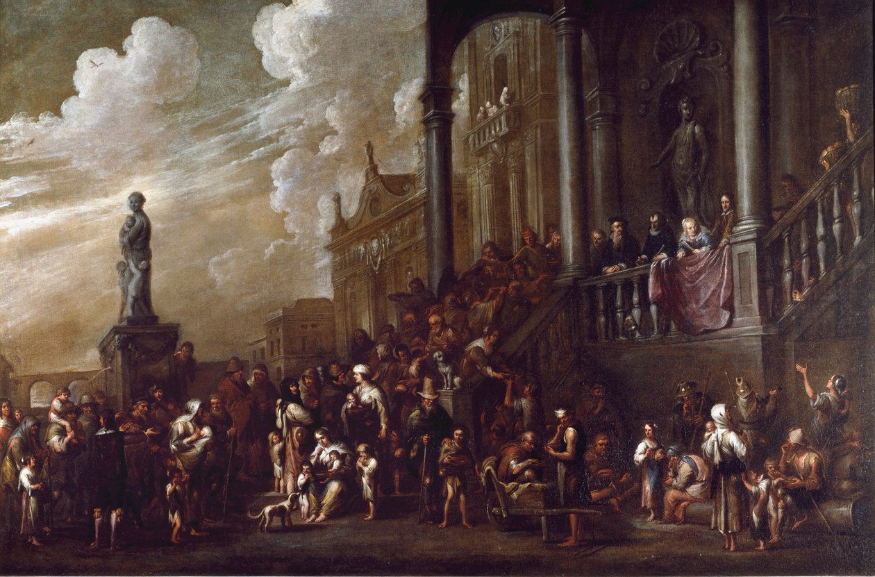 Sedm děl tělesného misericorde: „“dávat jídlo hladovým““ Obraz Cornelis De Wael (1592-1667) (ec.flam) Genes, sbírka Banco di Chiavari od Cornelis de Wael