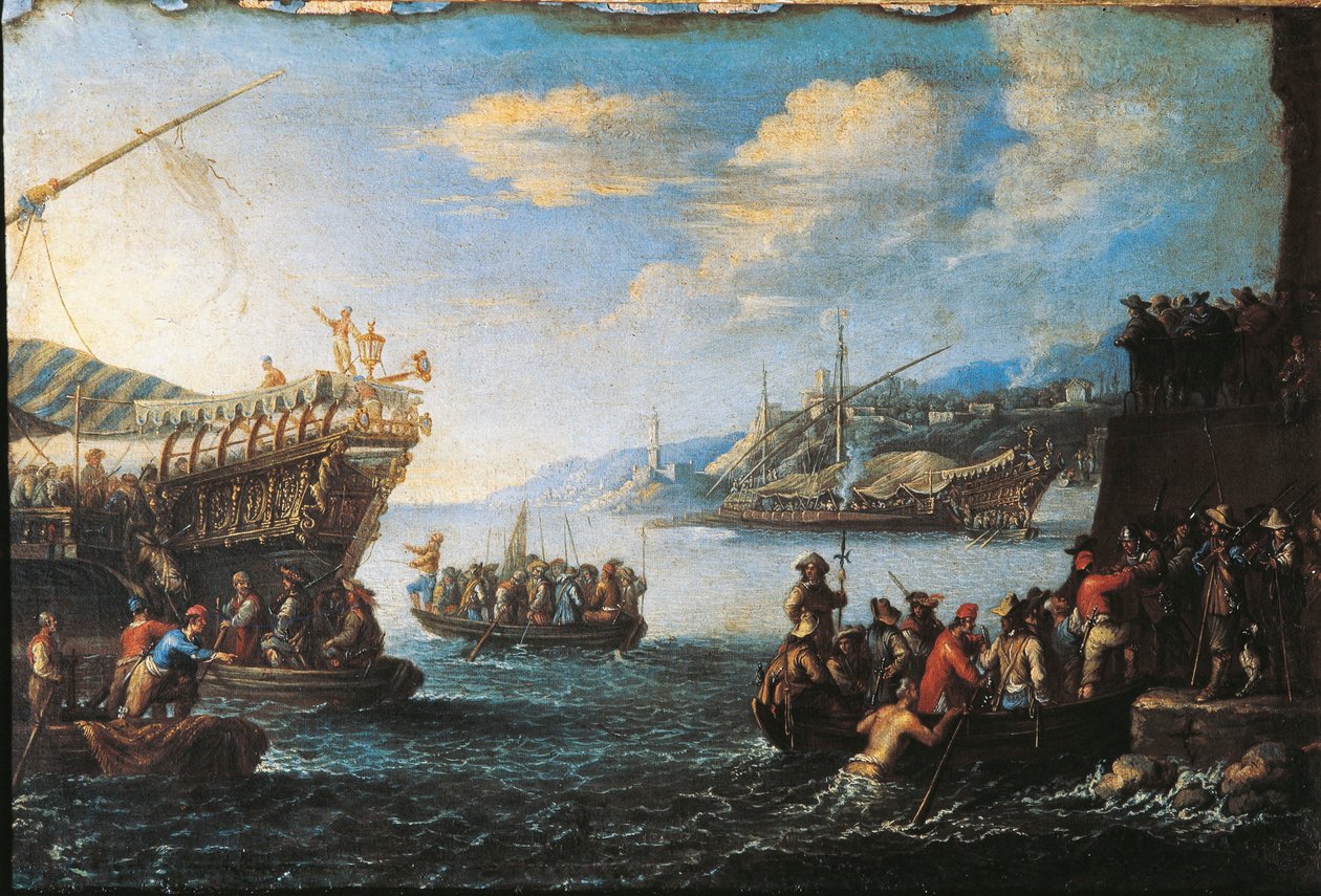 Nalodění vojáků na galéru v janovském přístavu od Cornelis de Wael