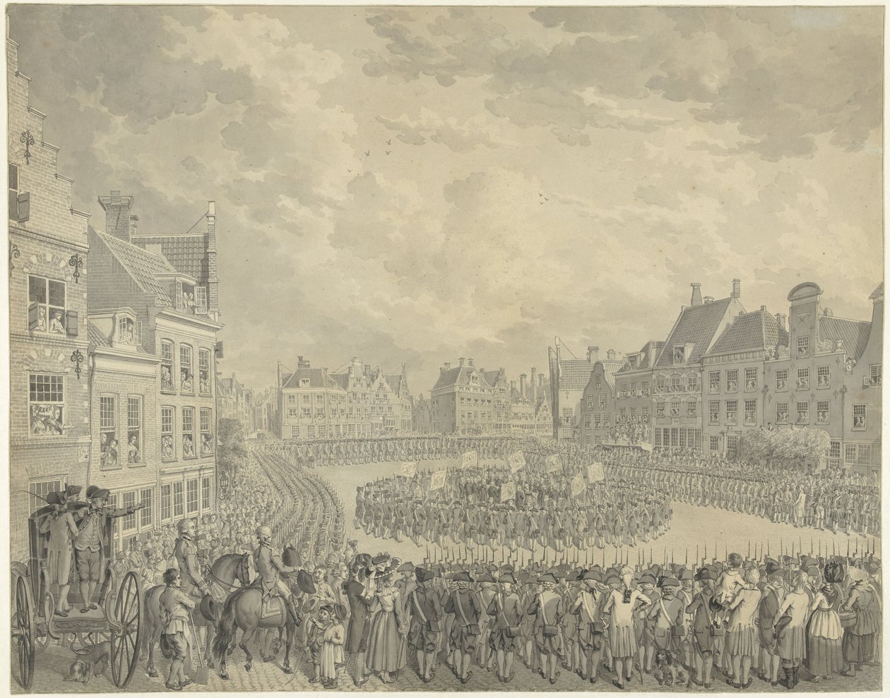 Přísaha rady komisařů střeleckými důstojníky na Neude v Utrechtu, 1786 od Cornelis van Cuylenburgh (II) (signed by artist)