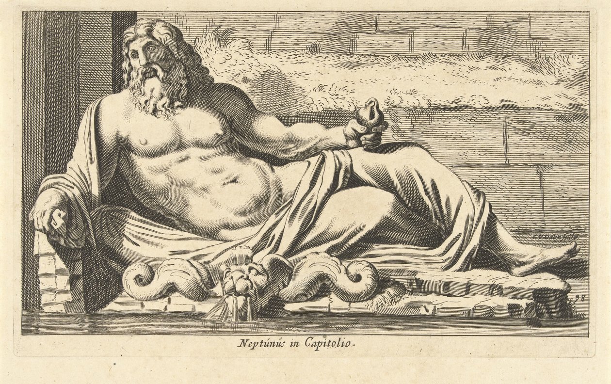 Socha Neptuna u fontány na Kapitolu v Římě Neptun v Capitolio (název na objektu) Eigenlyke zobrazení stovky nejslavnějších soch nebo antických soch, stojících v Římě (název série) od Cornelis van Dalen (I)