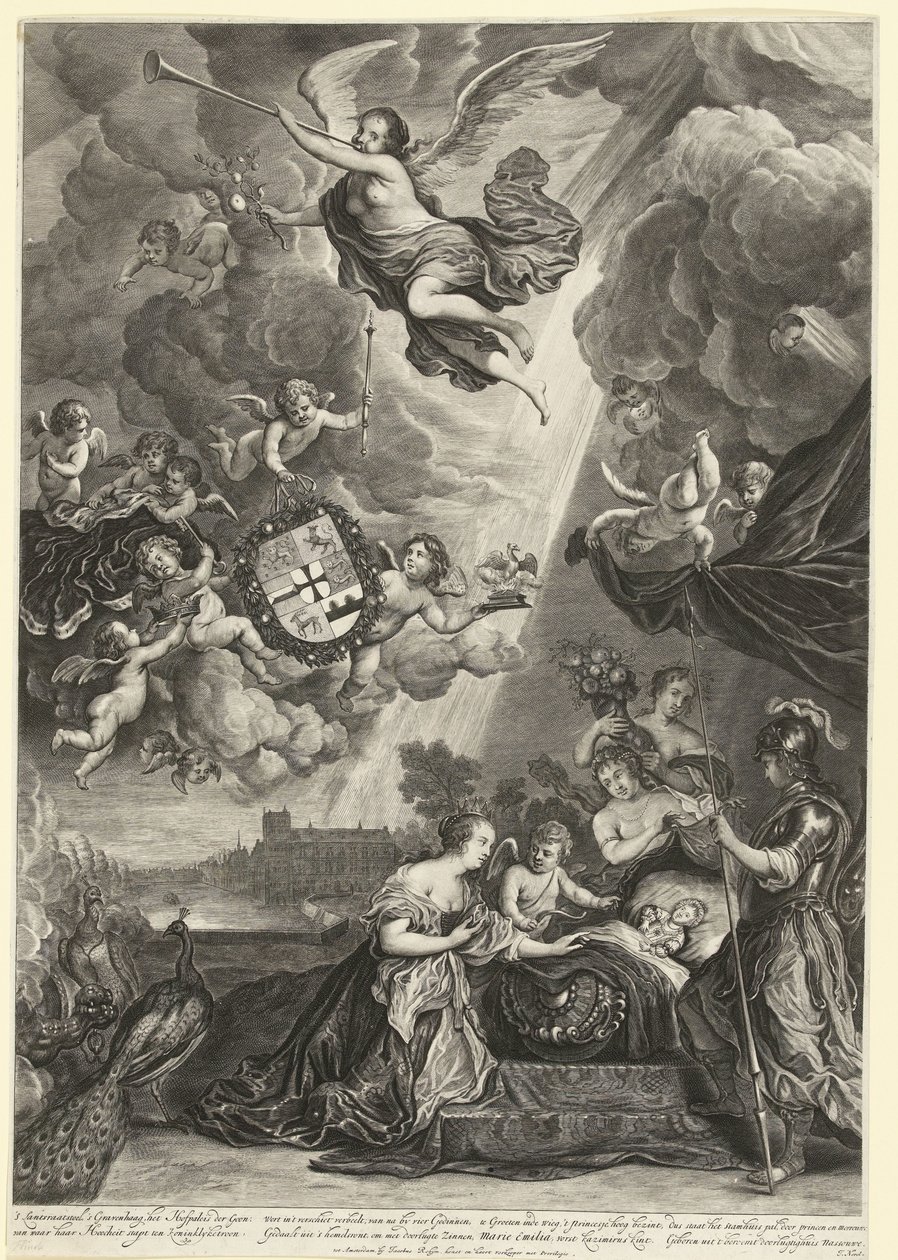Alegorie narození princezny Marie Amálie, dcery Hendrika Kazimíra, 1689 od Cornelis van Dalen (II)