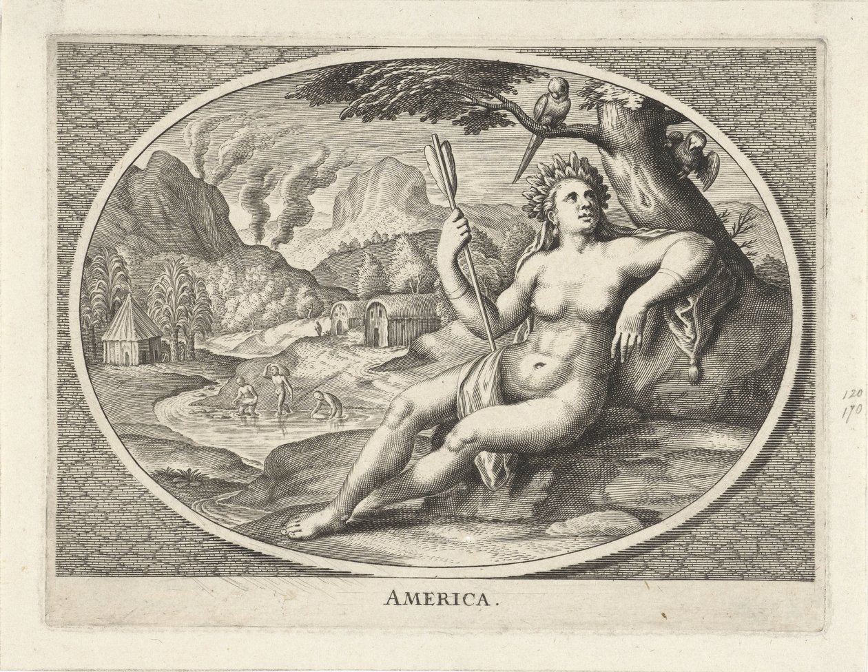 Ženská personifikace kontinentu Ameriky jako žena s čelenkou z peří a šípem v krajině Amerika (název na objektu) od Cornelis van Dalen (II)