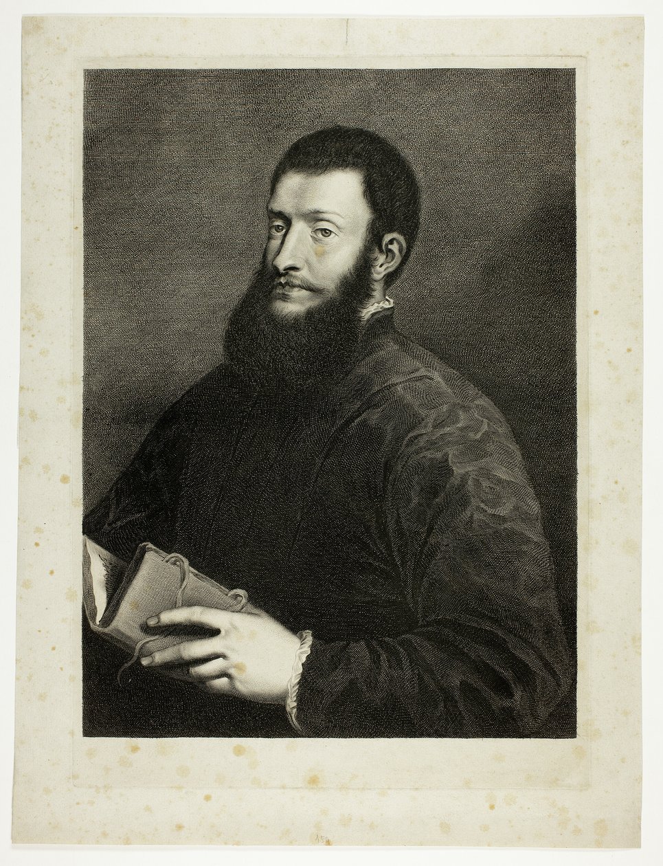 Portrét básníka Pietra Aretina z Kabinetu Reynst; Variarum imaginum a celeberrimis artificibus pictarum Caelaturae (Kabinet Reynst: Rytiny různých obrazů namalovaných slavnými umělci) od Cornelis van Dalen II