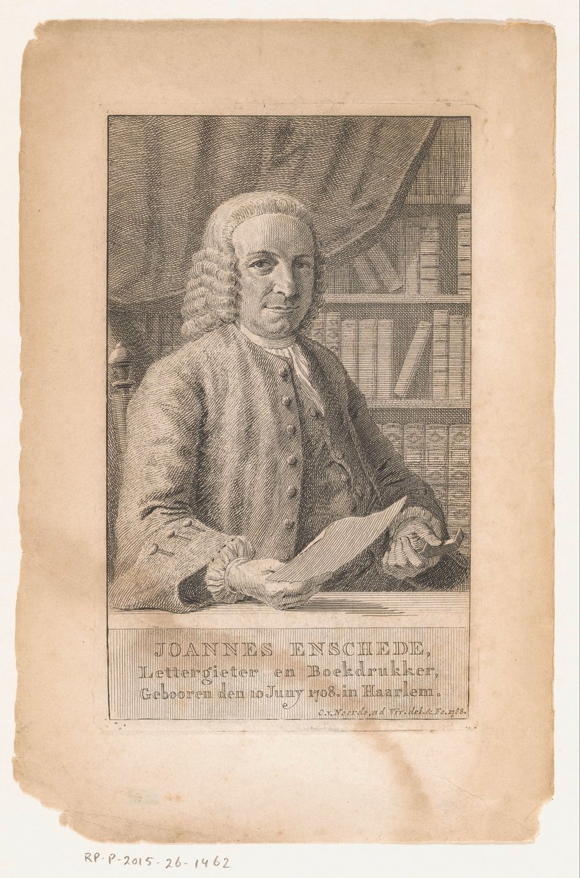 Portrét Johannese Enschedého Joannes Enschede, zakladatel písma a knihtiskař (název na objektu) od Cornelis van Noorde