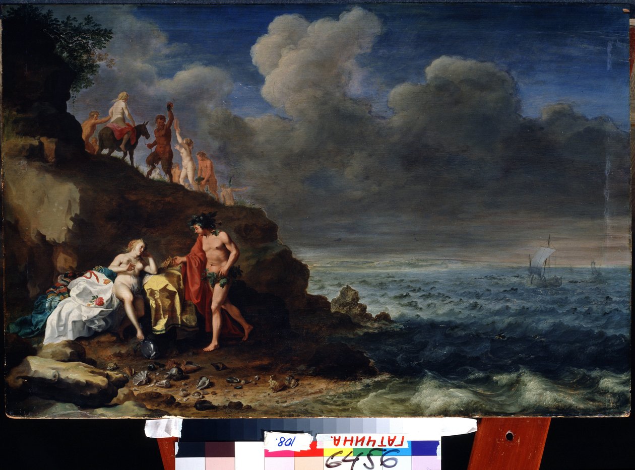Dionýsos a Ariadna na ostrově Naxos. (Bacchus a Ariadne na ostrově Naxos). Obraz Cornelis Van Poelenburgh (1594/95-1667) Olej na dřevě. Umění ve stylu holandského baroka. Státní muzeum pod širým nebem Palác Pavlovsk, Petrohrad. od Cornelis van Poelenburgh