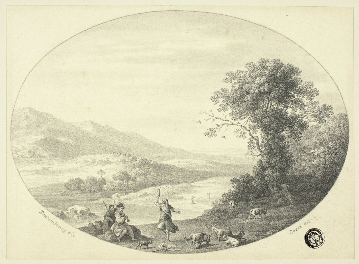 Italská krajina s tanečnicí, hudebníky a kozami od Cornelis van Poelenburgh