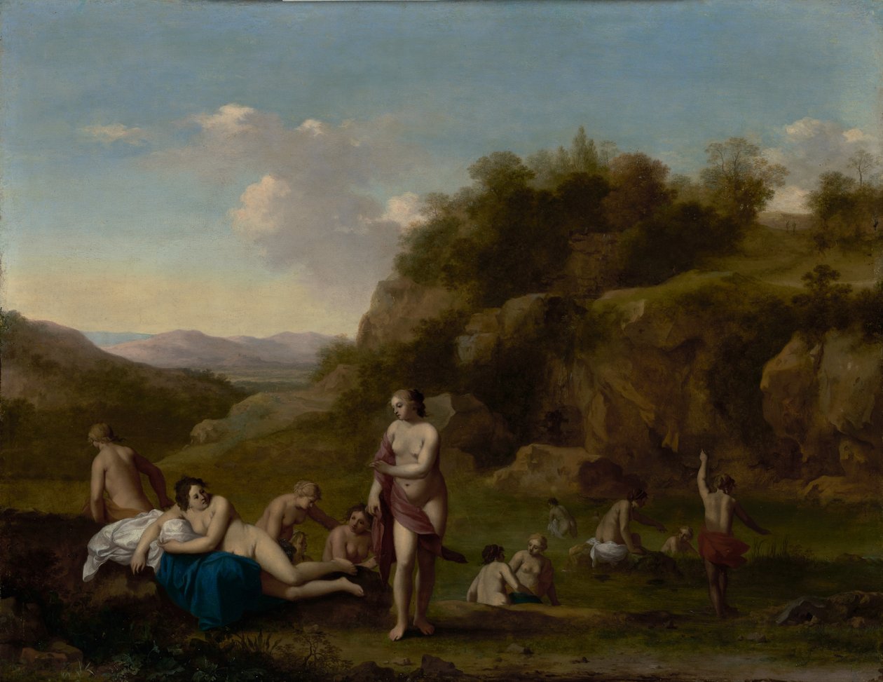 Krajina s koupajícími se akty od Cornelis van Poelenburgh